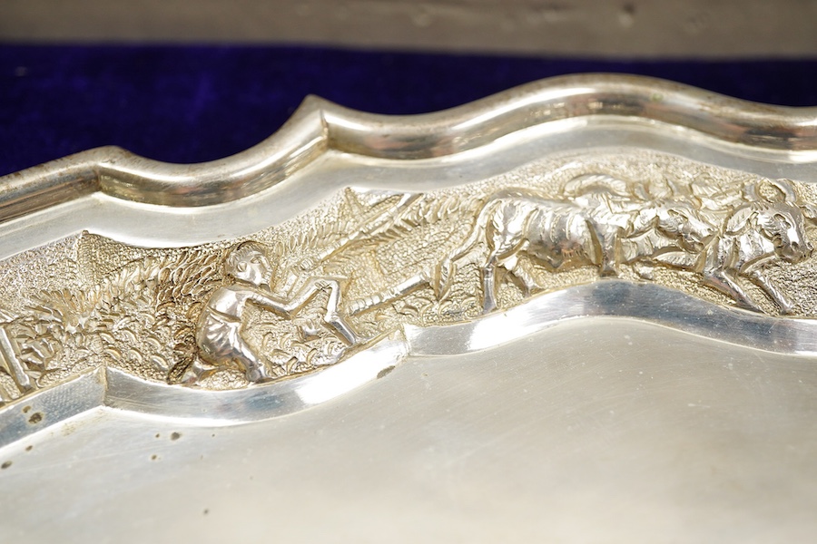 A mid 20th century Indian white metal (stamped sterling silver) presentation salver, engraved with numerous signatures, diameter 35.6cm, 36.8oz, with box.